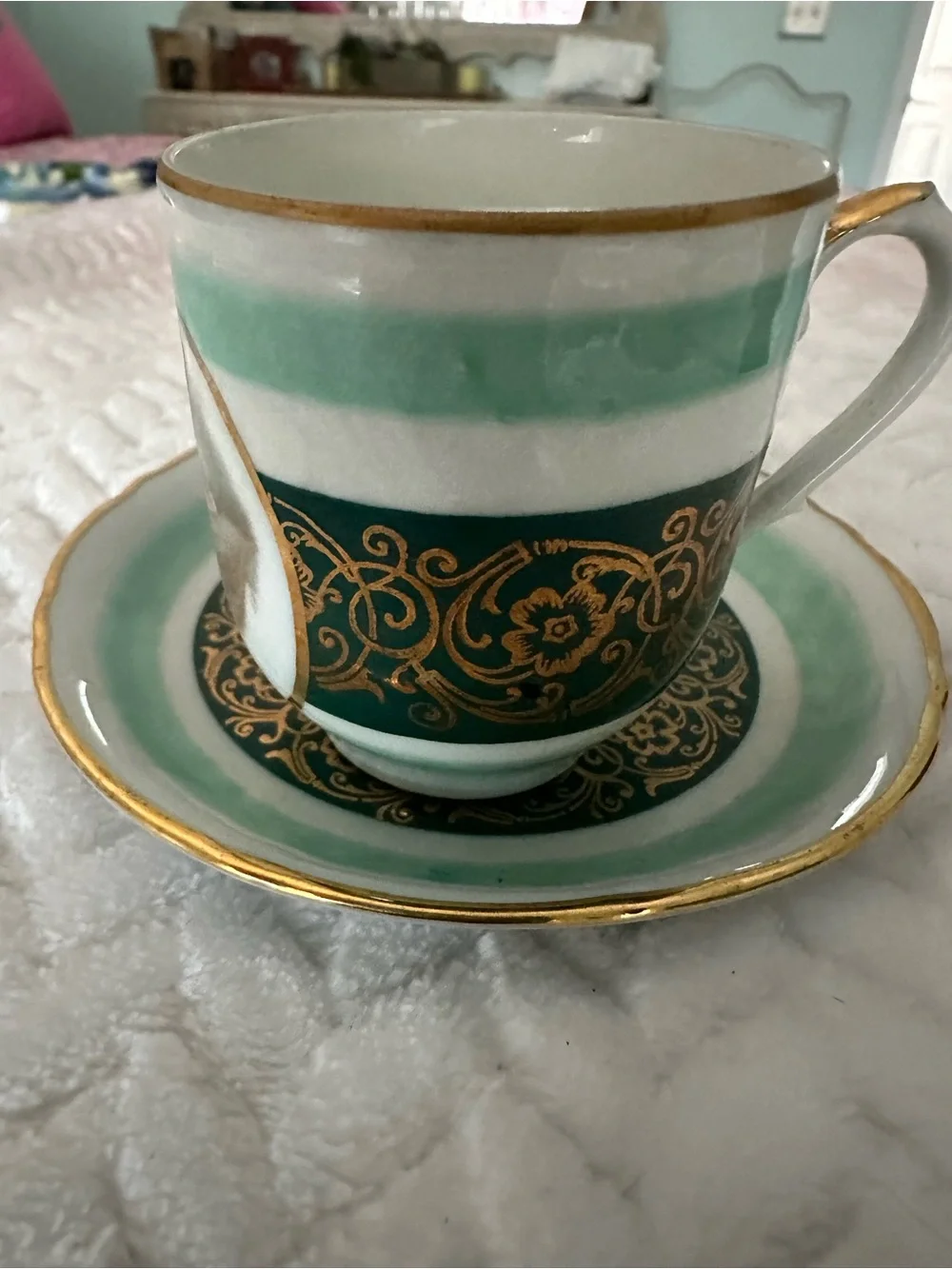 Vintage Schumann Bavaria Footed Demitasse Cu,p Seafoam & Gold Germany,